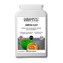 Load image into Gallery viewer, A bottle of OMEGA 3,6,9 gelatin capsules from the BASIC SERIES with a label showing the product name, the number of capsules, and an image of fish and capsules, indicating the source of the omega oils.