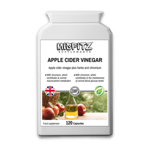 Load image into Gallery viewer, A bottle of Misfitz Supplements Apple Cider Vinegar Plus with 120 capsules, featuring an image of apple cider vinegar with herbs and a British flag indicating the product's manufacturing origin.