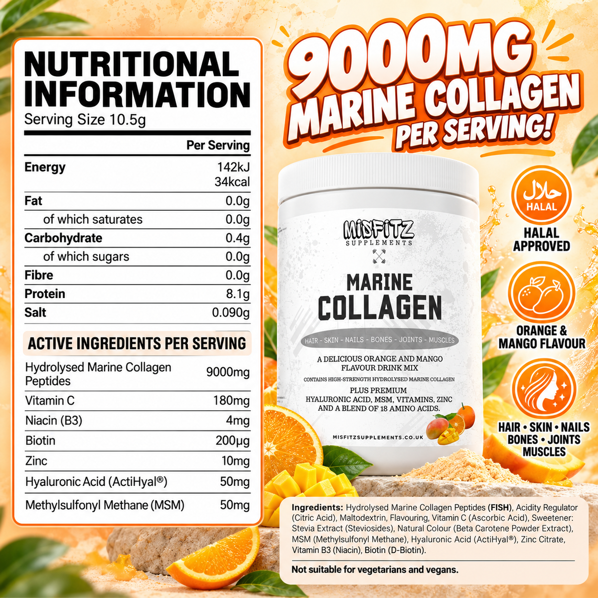 Marine Collagen infographic with orange and mango, a white tub, nutrition and active ingredient information.