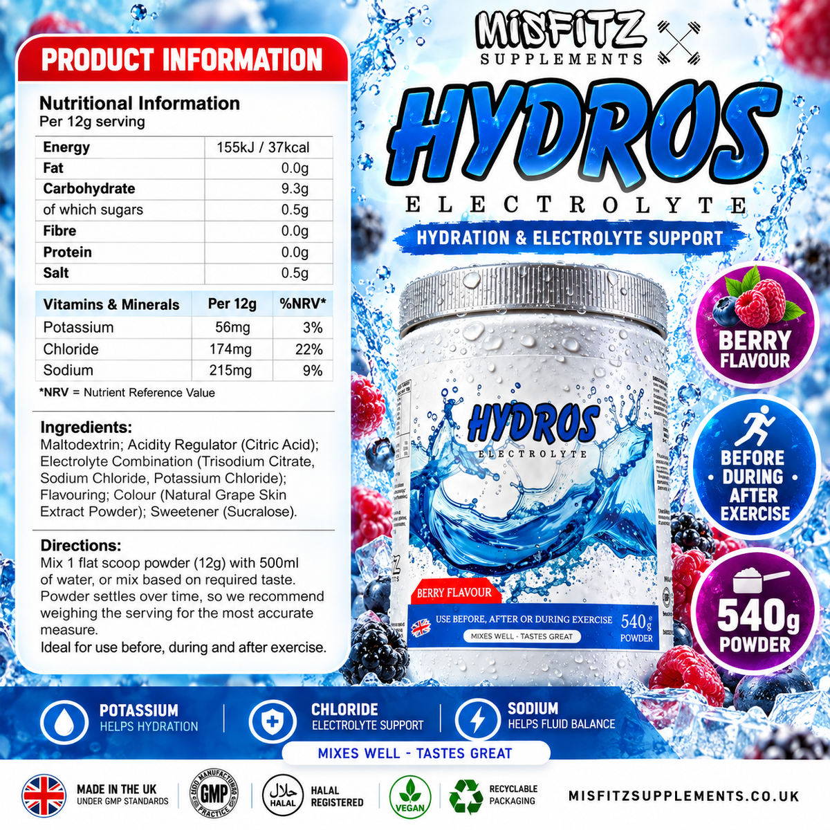 HYDROS berry electrolyte infographic with a tub, berries, water splashes, nutrition, ingredients and directions.