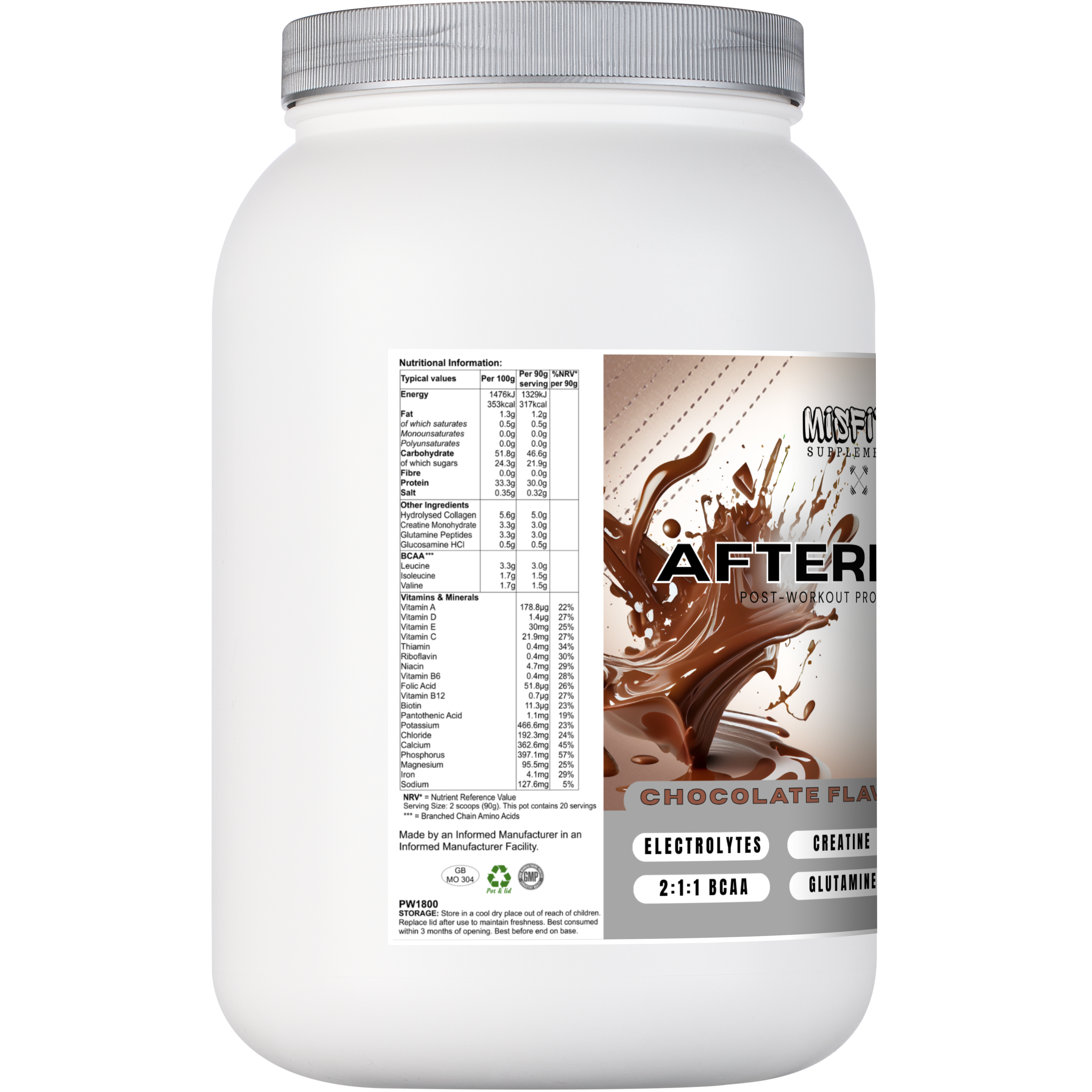 White container of protein powder with chocolate flavor label