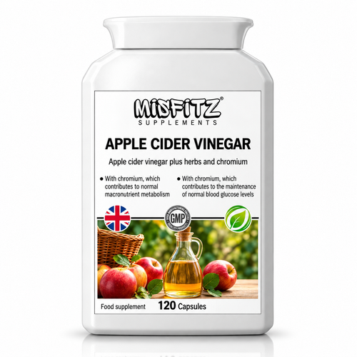 Misfitz Apple Cider Vinegar supplement bottle, 120 capsules, with apples and a vinegar jug on the label.
