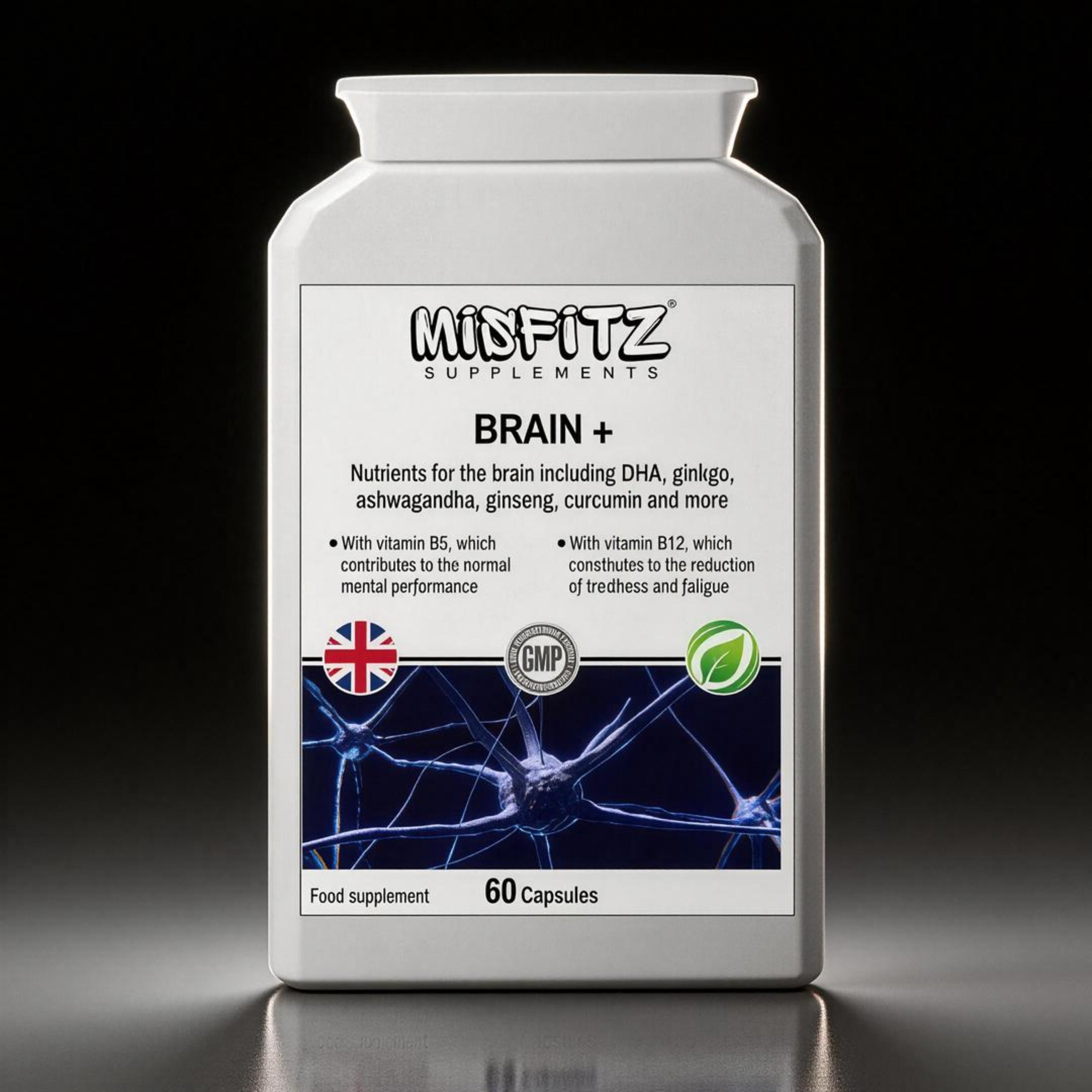 Supplement container labeled 'Misfitz Supplements Brain+' on a dark background