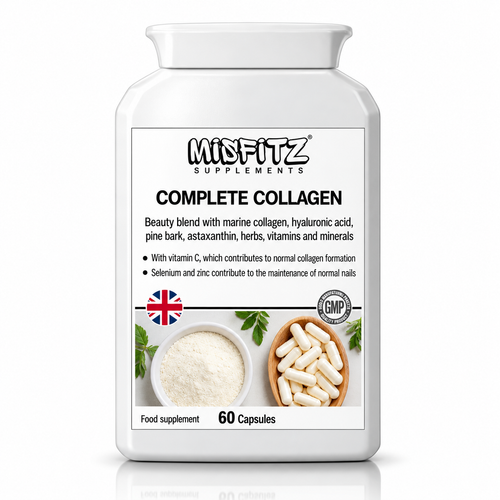 White bottle of Misfitz Complete Collagen, 60 capsules, with powder and capsules pictured on the label.