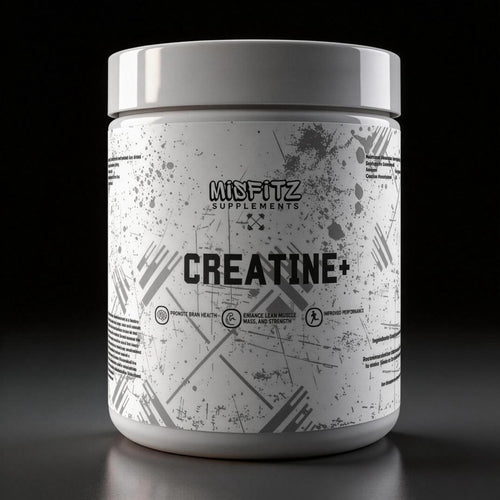 Creatine supplement container with Misfitz Supplements branding on a dark background