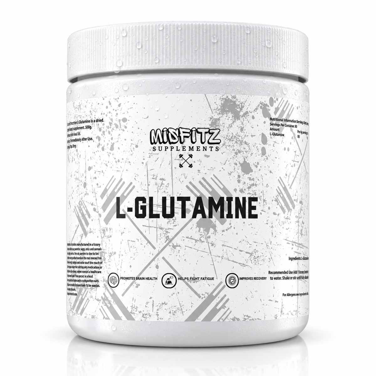 White Misfitz L-GLUTAMINE tub with a grey patterned label and water droplets on the lid.