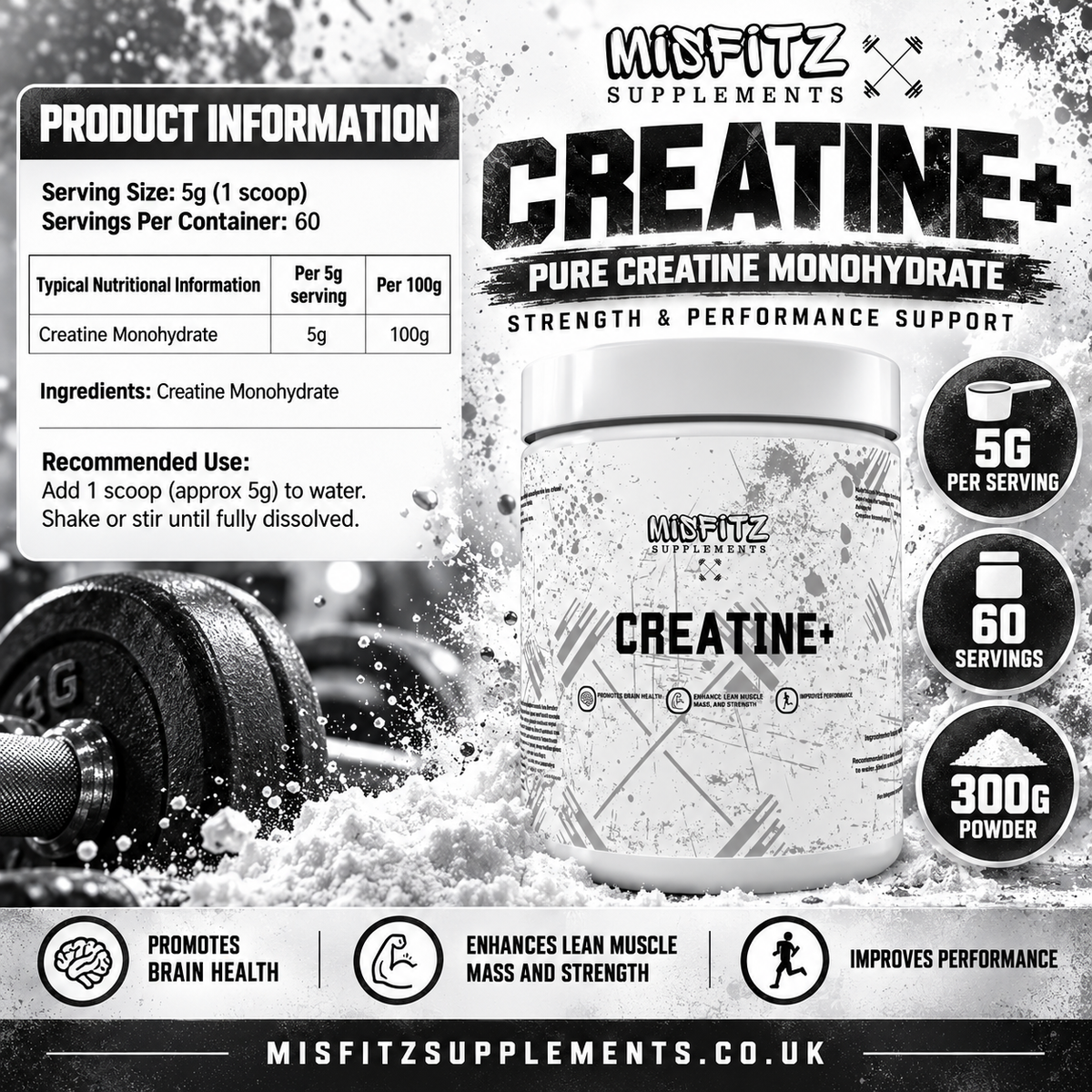 Black and white CREATINE+ infographic with a tub, dumbbell, powder, serving information and mixing directions.