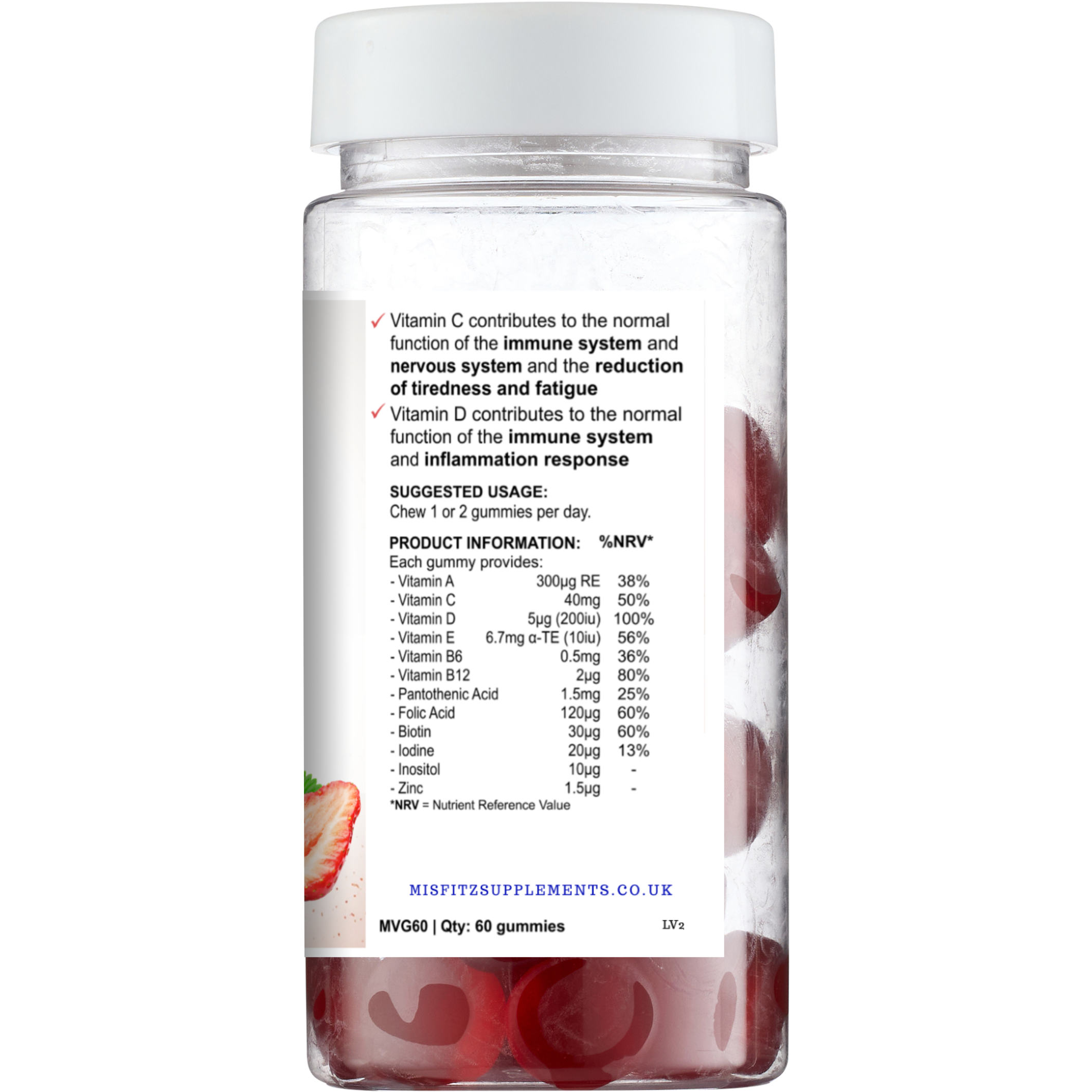 Supplement bottle with gummy vitamins and nutritional information on a white background