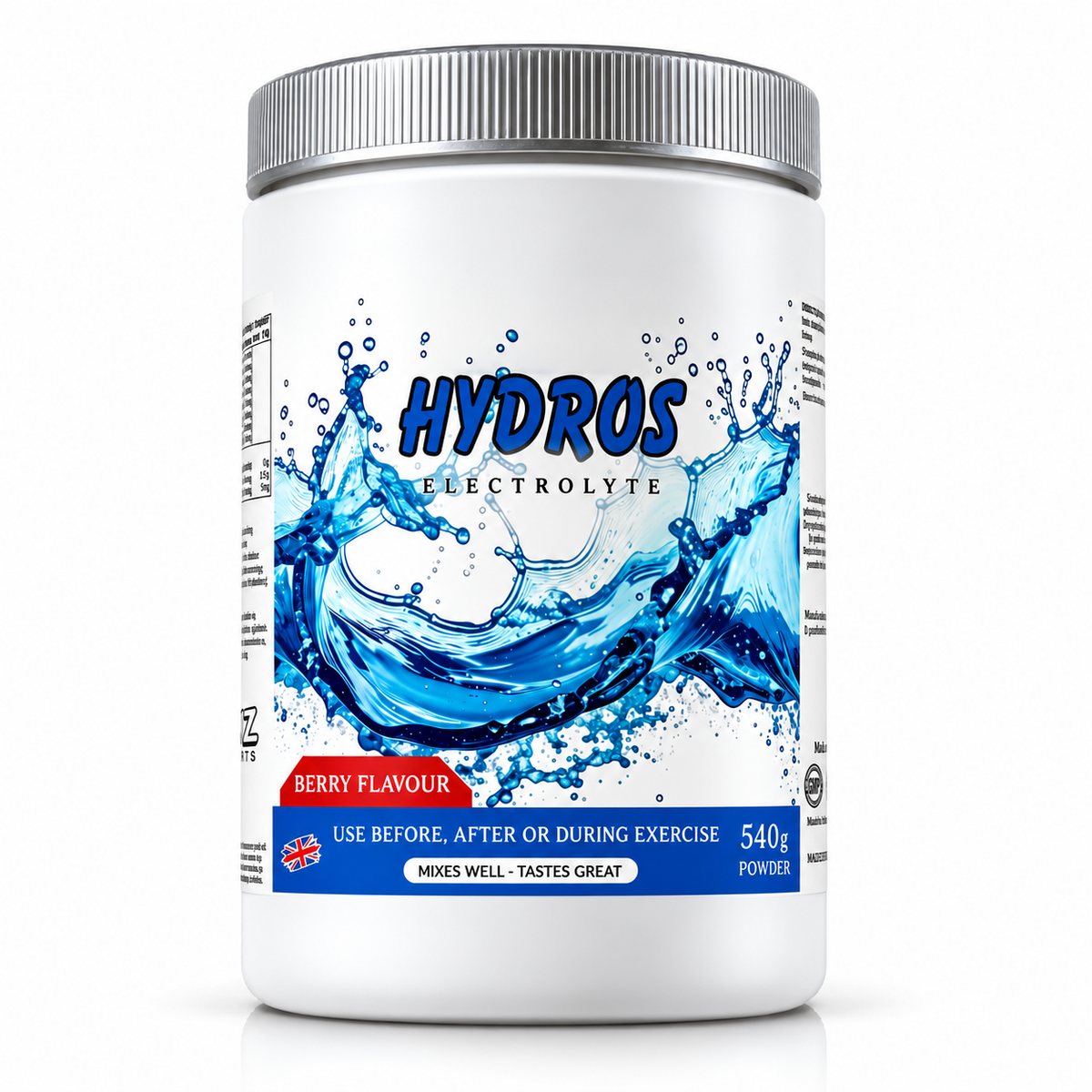 White 540g tub of Misfitz HYDROS berry electrolyte powder with blue water splash artwork.