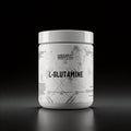 L-Glutamine supplement container with Misfits Supplements branding on a black background