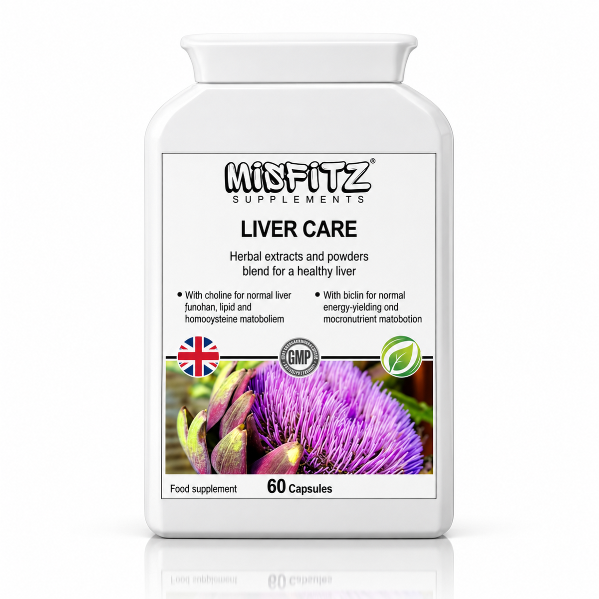 White bottle of Misfitz Liver Care supplement, 60 capsules, with a purple flower pictured on the label.