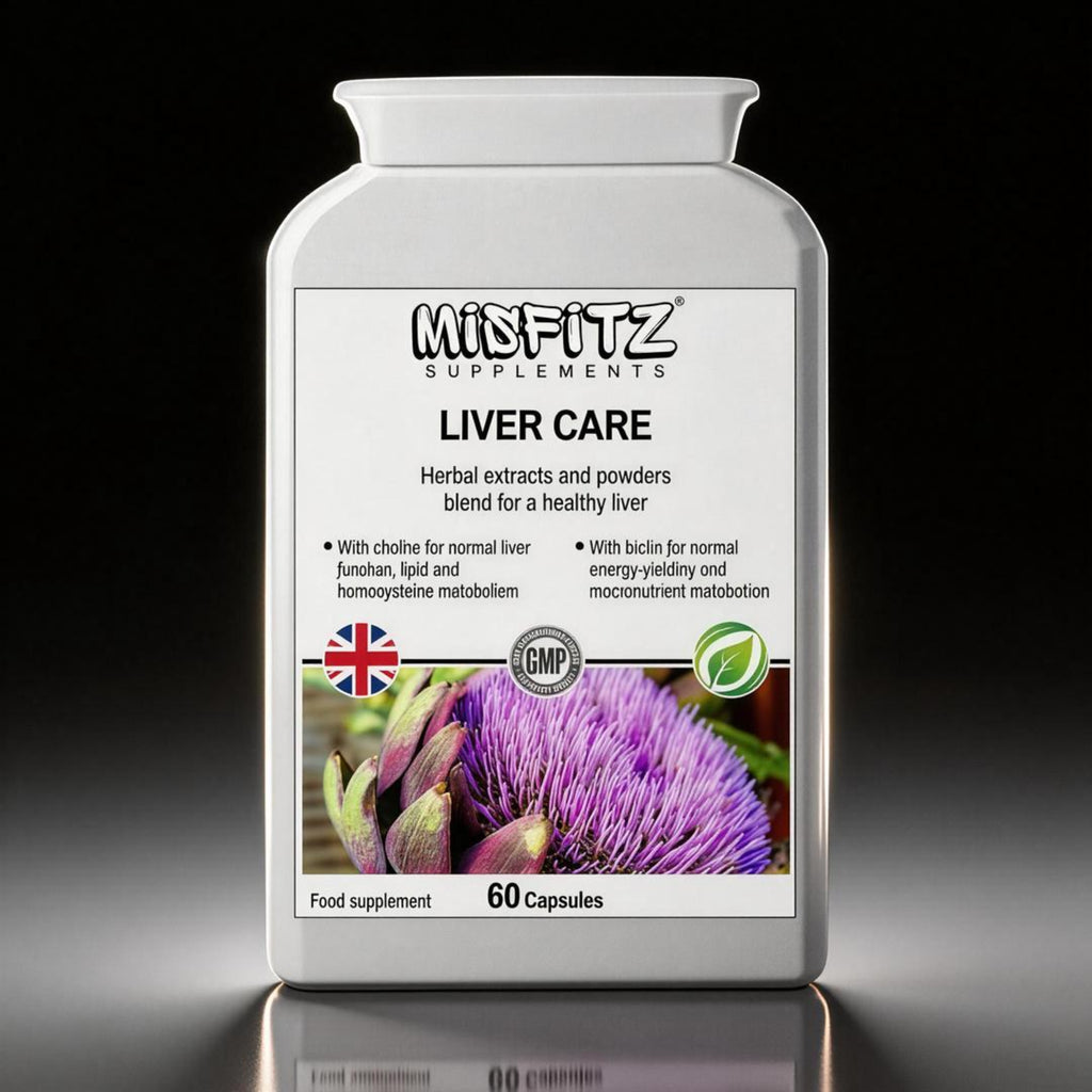 Supplement container labeled 'MIDFITZ Supplements Liver Care' with a purple flower on a dark background