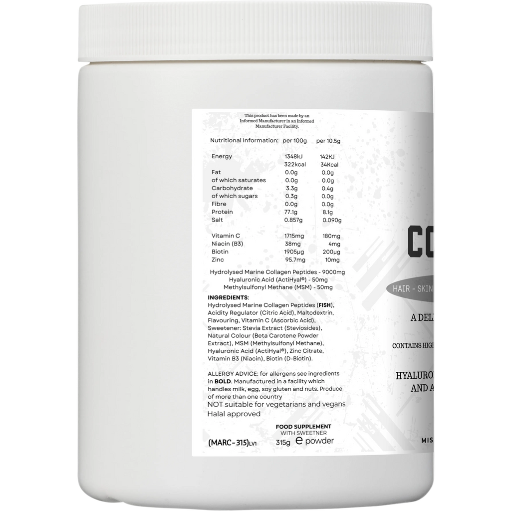 Nutritional label on a white supplement container