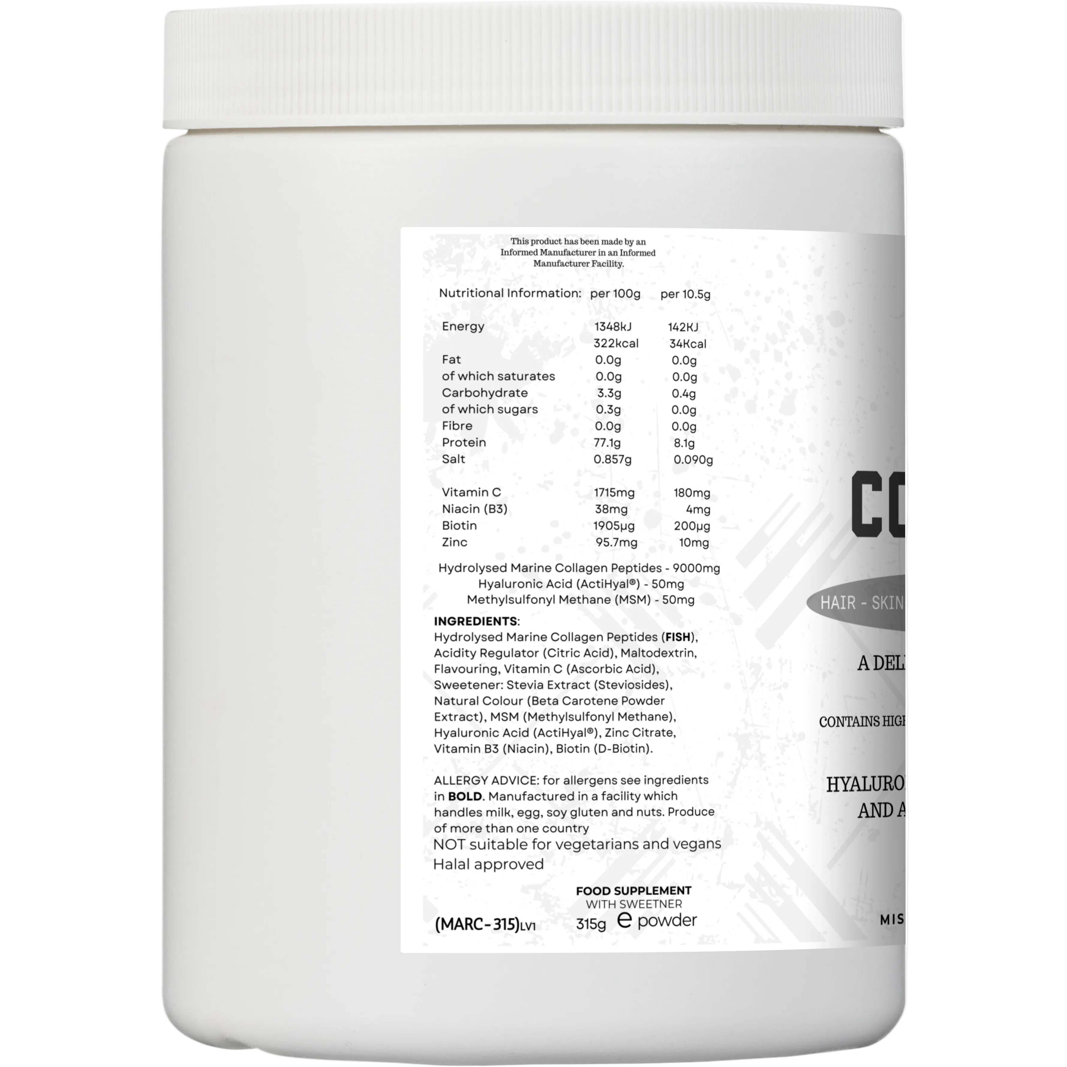 Nutritional label on a white supplement container