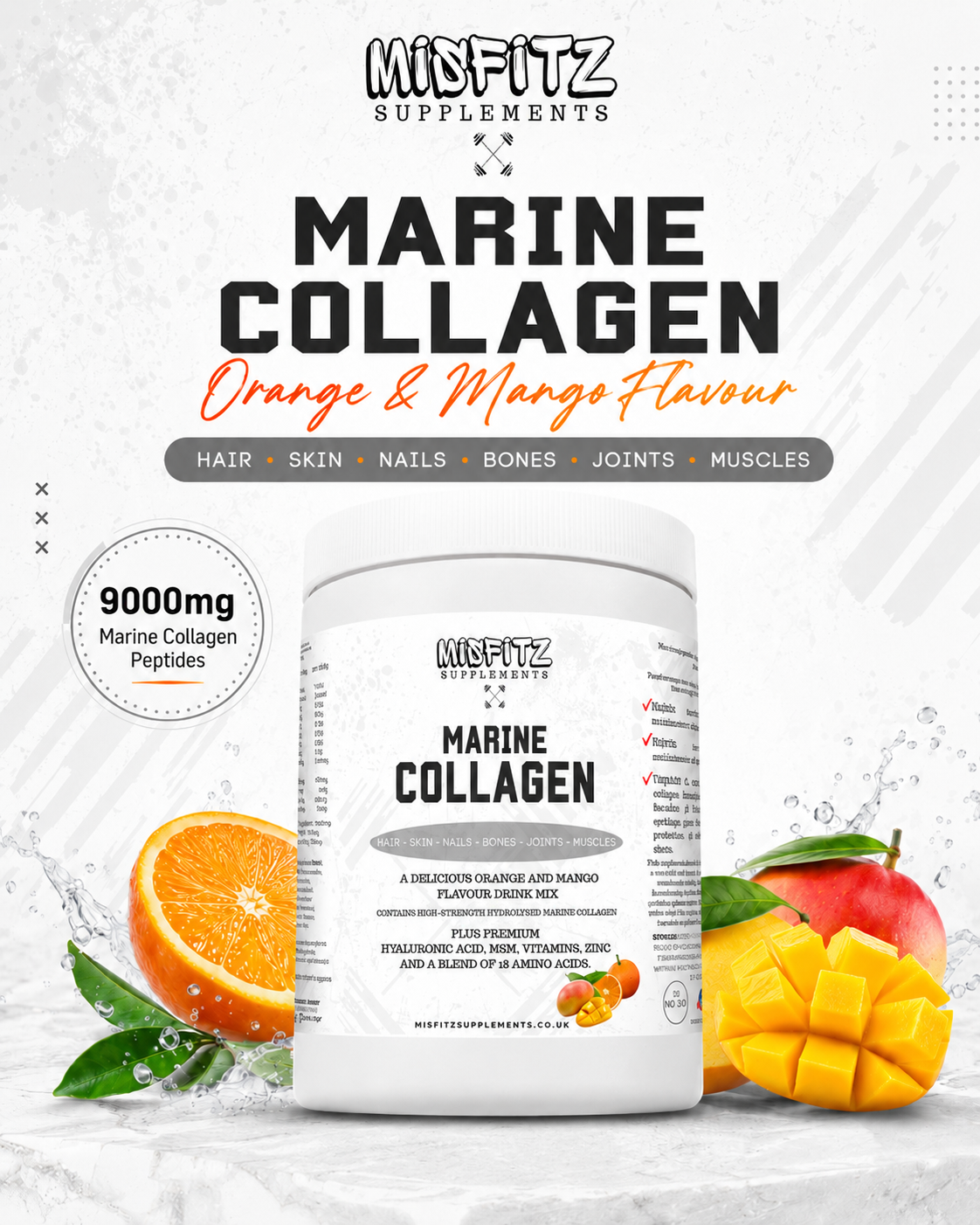 Marine collagen supplement container with oranges and mangoes on a white background