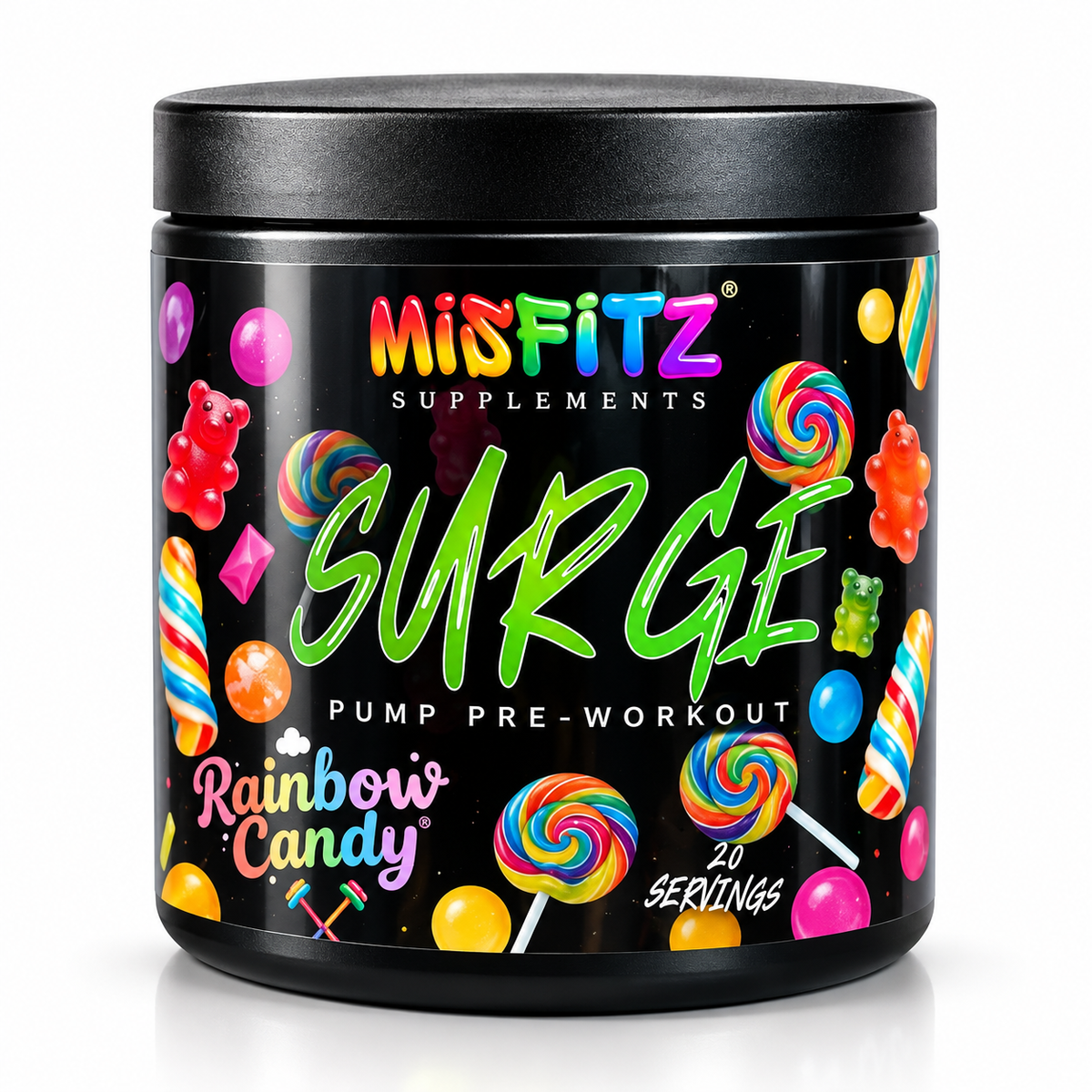 Black tub of Misfitz SURGE Rainbow Candy pre-workout with colourful sweets and a 20-servings label.