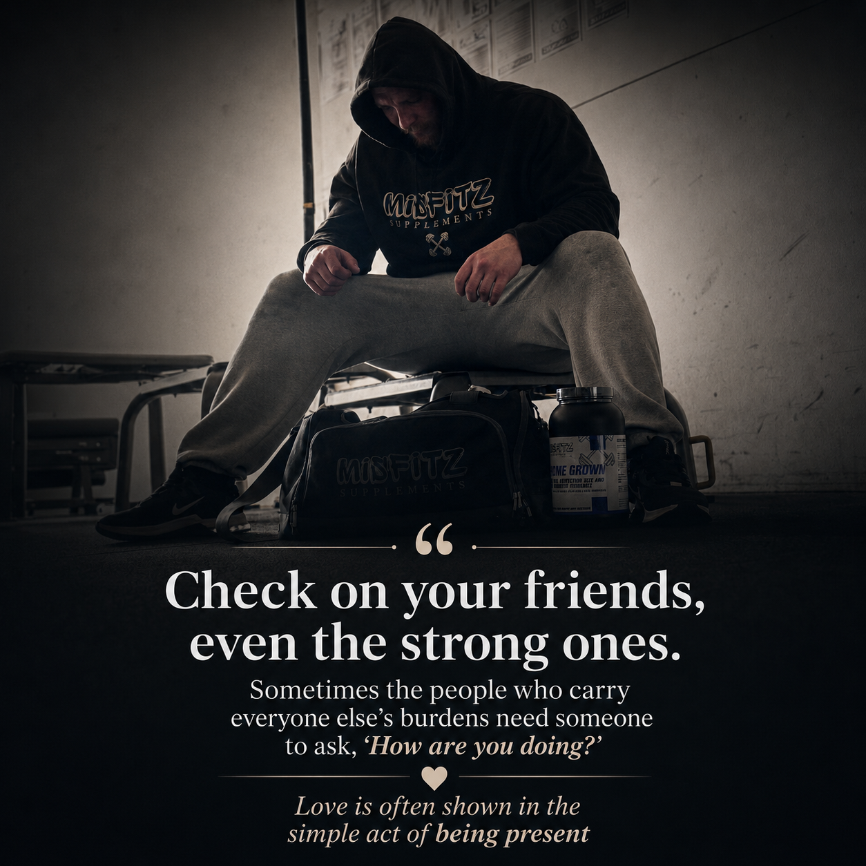 Person sitting on a bench with a bottle of supplements, surrounded by gym equipment, with a motivational quote overlay.