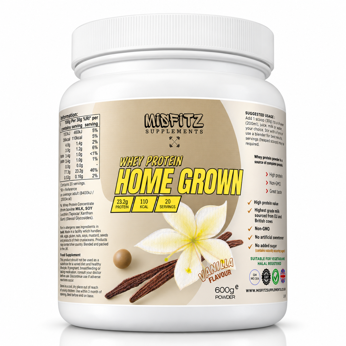Misfitz HOME GROWN vanilla whey protein powder in a white 600g tub with vanilla flower and pod artwork.