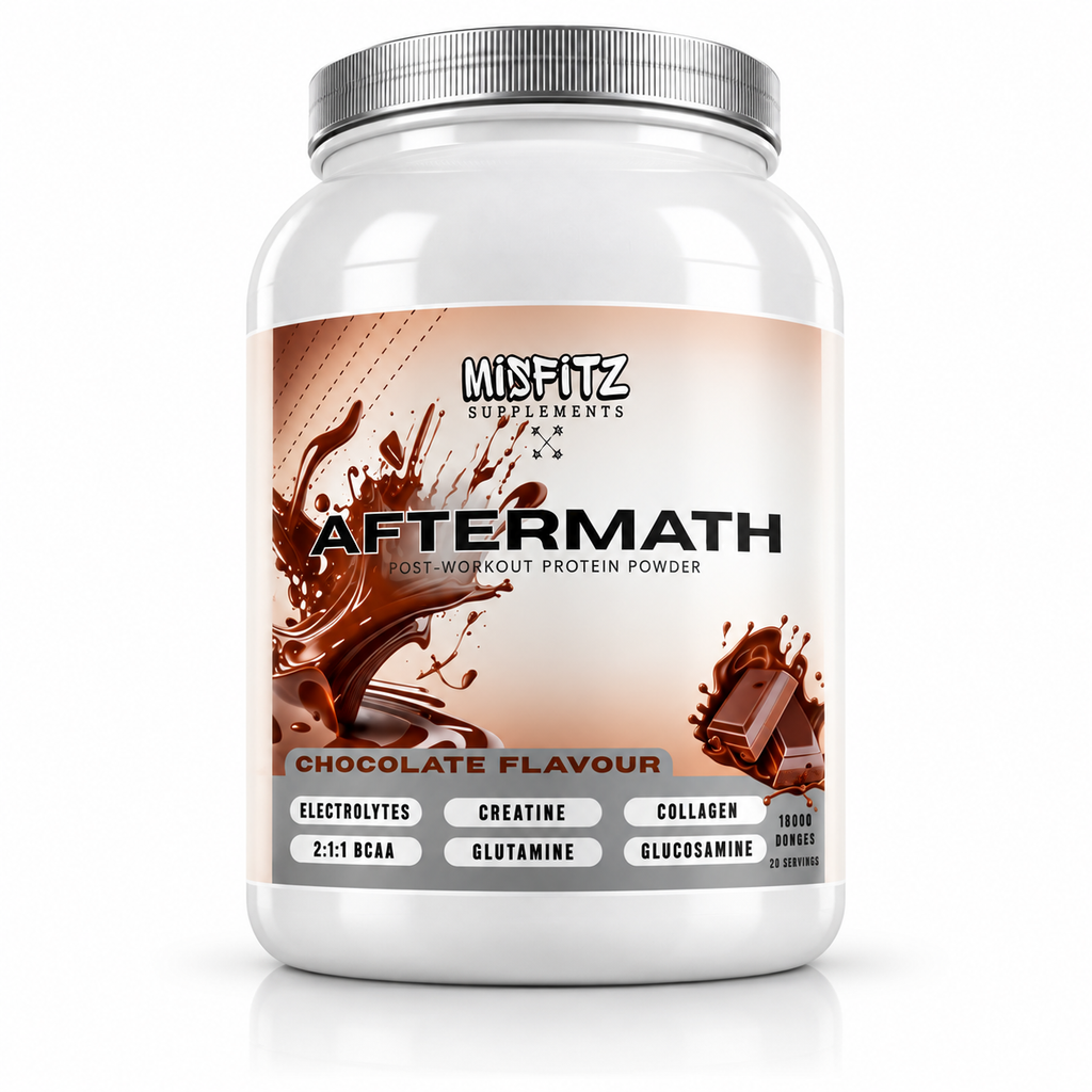 White 1800g tub of Misfitz AFTERMATH chocolate post-workout protein powder with chocolate splash artwork.