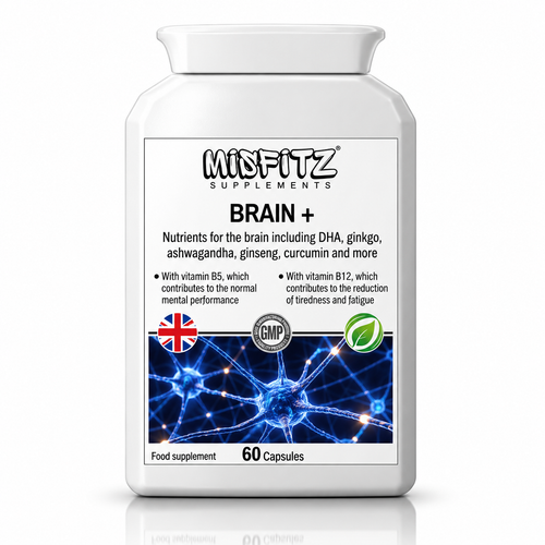 White bottle of Misfitz BRAIN+ supplement, 60 capsules, with blue neuron artwork on the front label.