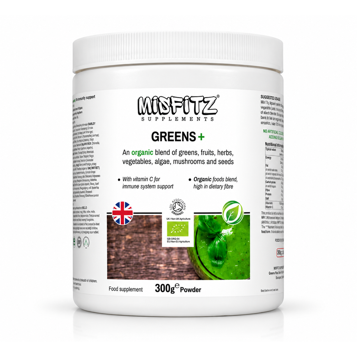 White 300g tub of Misfitz GREENS+ organic powder with a green smoothie pictured on the front label.