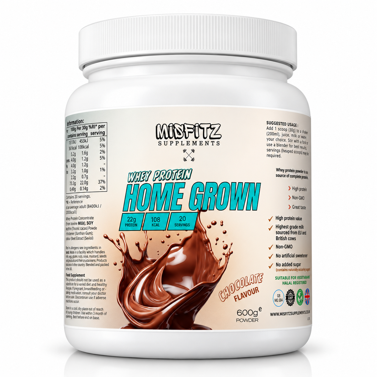 Misfitz HOME GROWN chocolate whey protein powder in a white 600g tub with chocolate splash artwork.