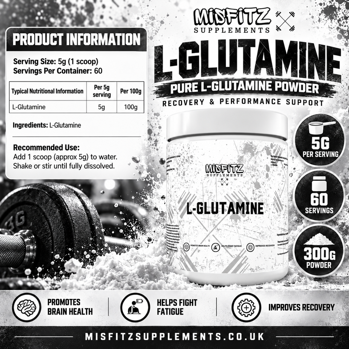 Black and white L-GLUTAMINE infographic with a tub, dumbbell, powder, serving information and mixing directions.
