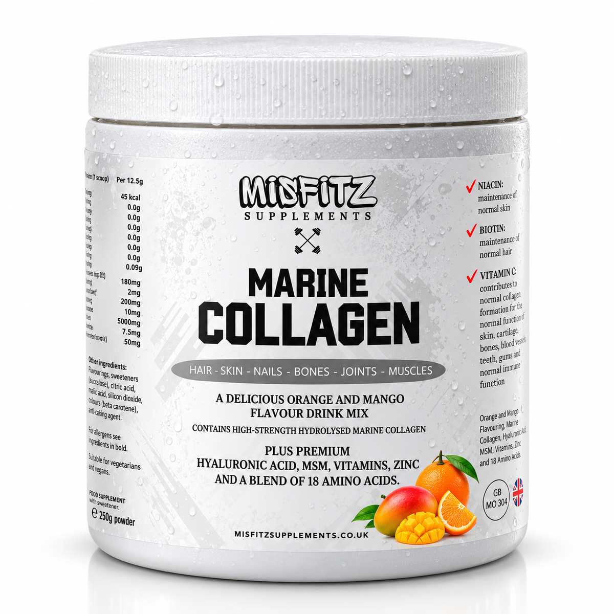 White 250g tub of Misfitz Marine Collagen orange and mango flavour drink mix with fruit artwork.