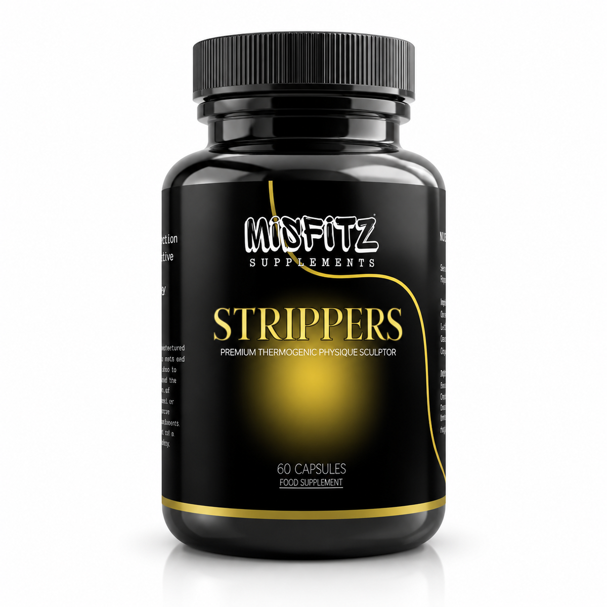 Black bottle of Misfitz STRIPPERS supplement, 60 capsules, with a black and gold label.