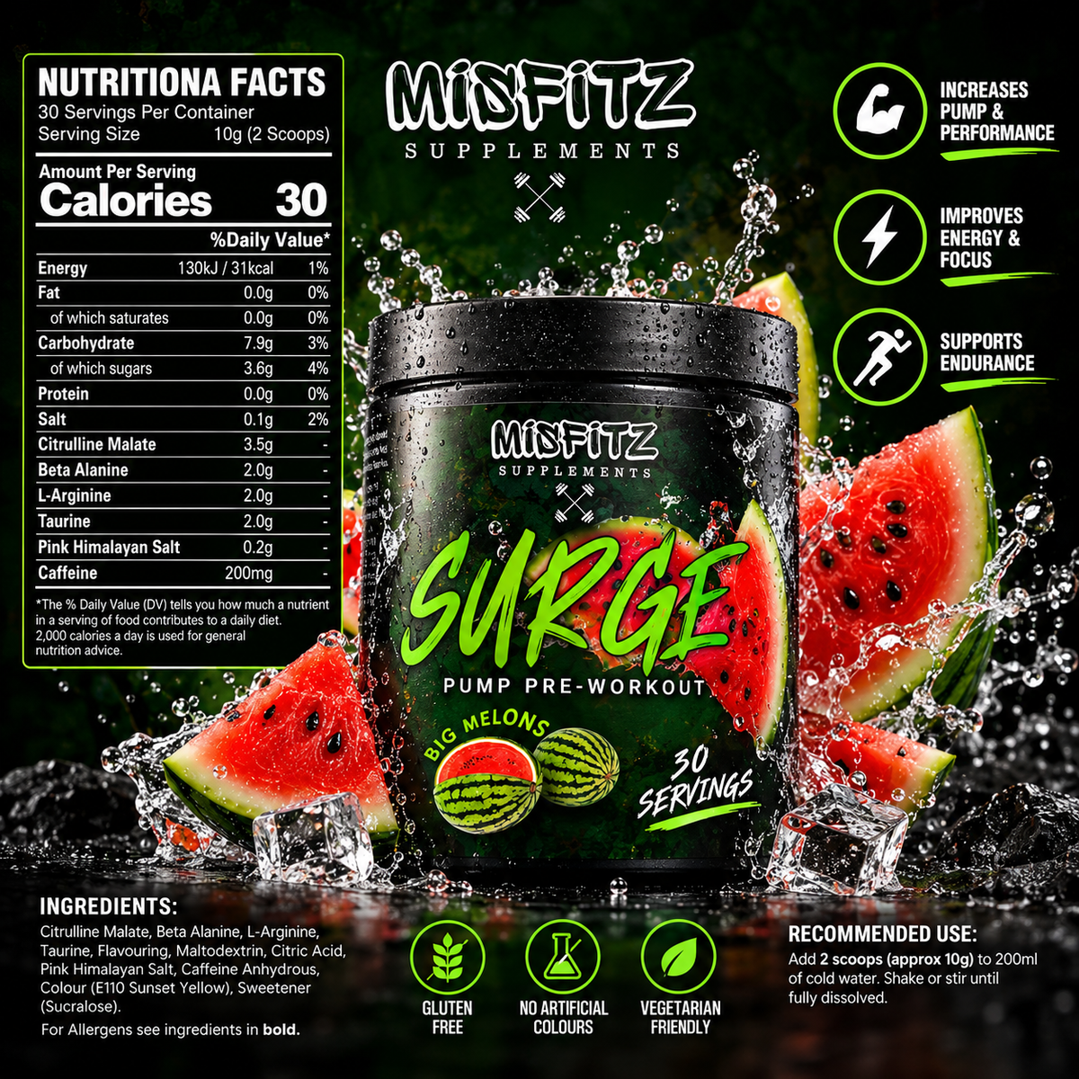 SURGE Big Melons pre-workout infographic with watermelon, ice, nutrition, ingredients and mixing directions.