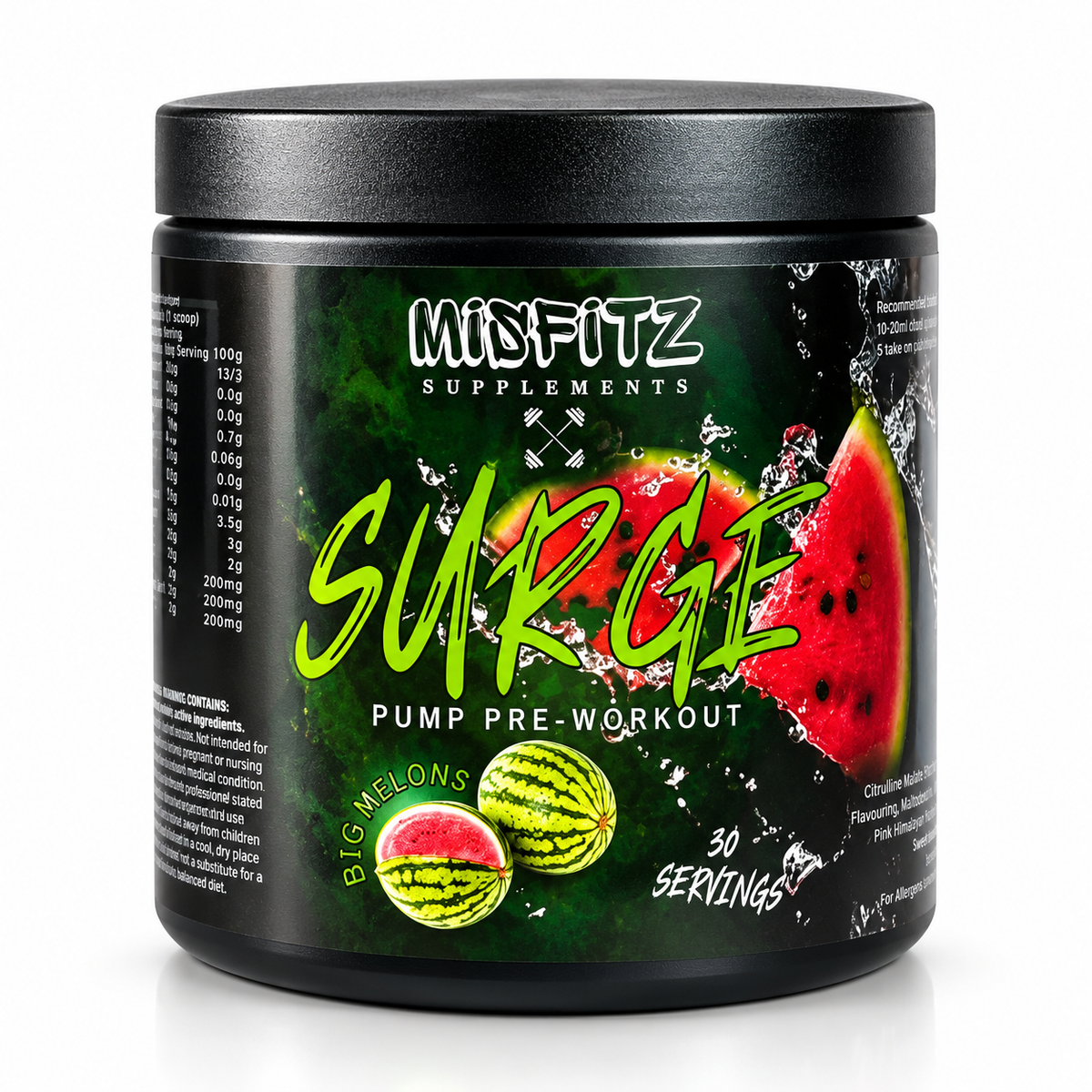 Black tub of Misfitz SURGE Big Melons pre-workout with watermelon artwork and a 30-servings label.