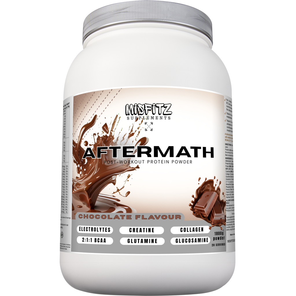 Protein powder container labeled 'Aftermath' with chocolate flavor on a white background