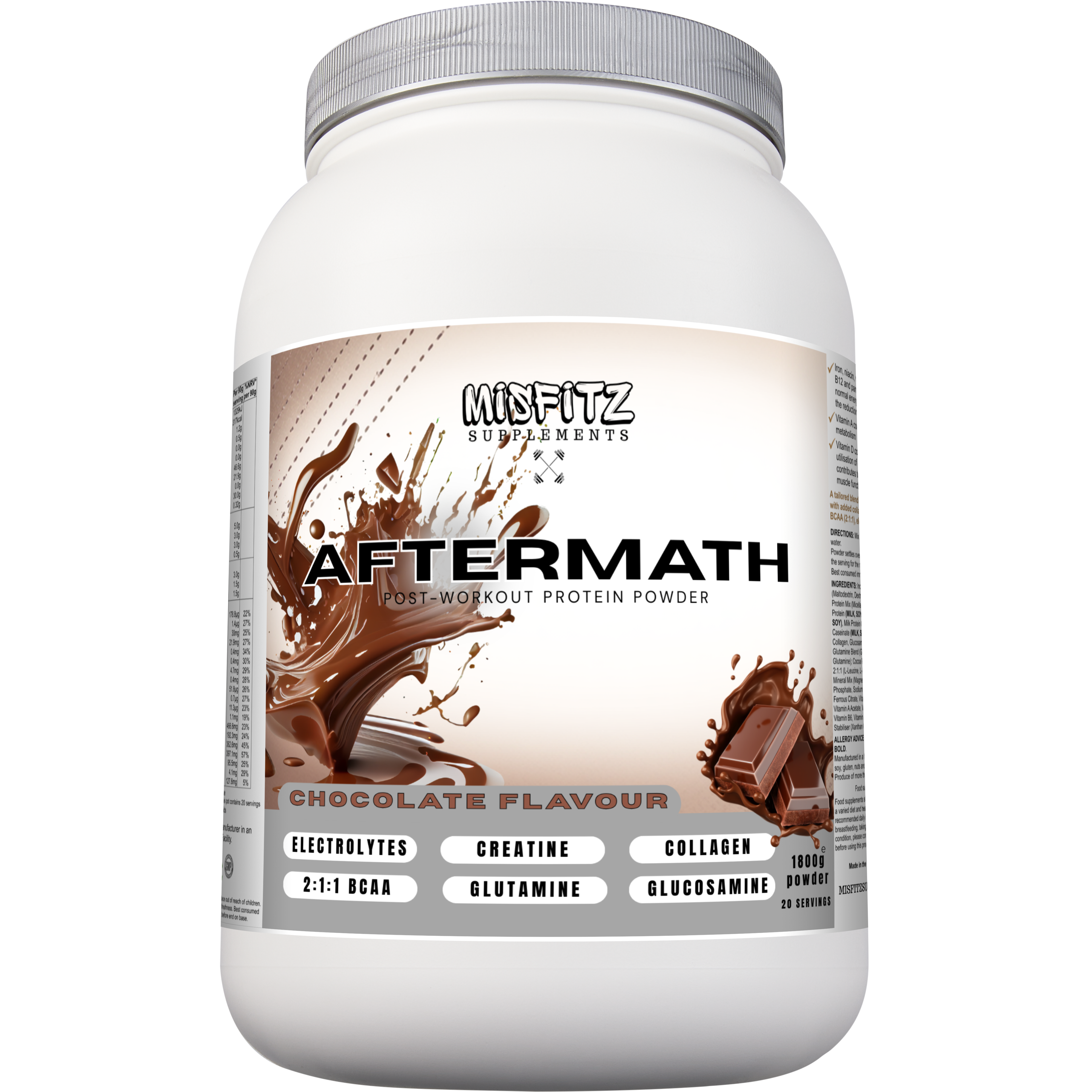 Protein powder container labeled 'Aftermath' with chocolate flavor on a white background