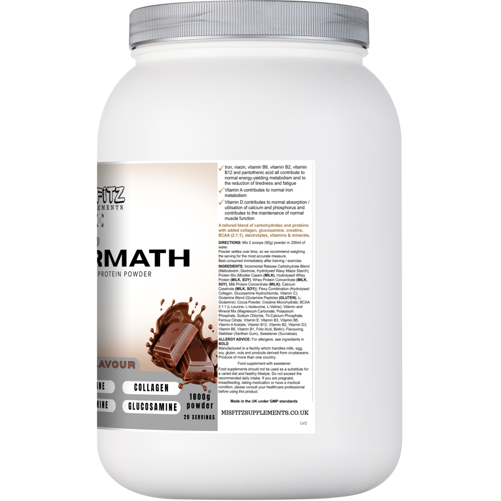 Protein powder container with label on a white background