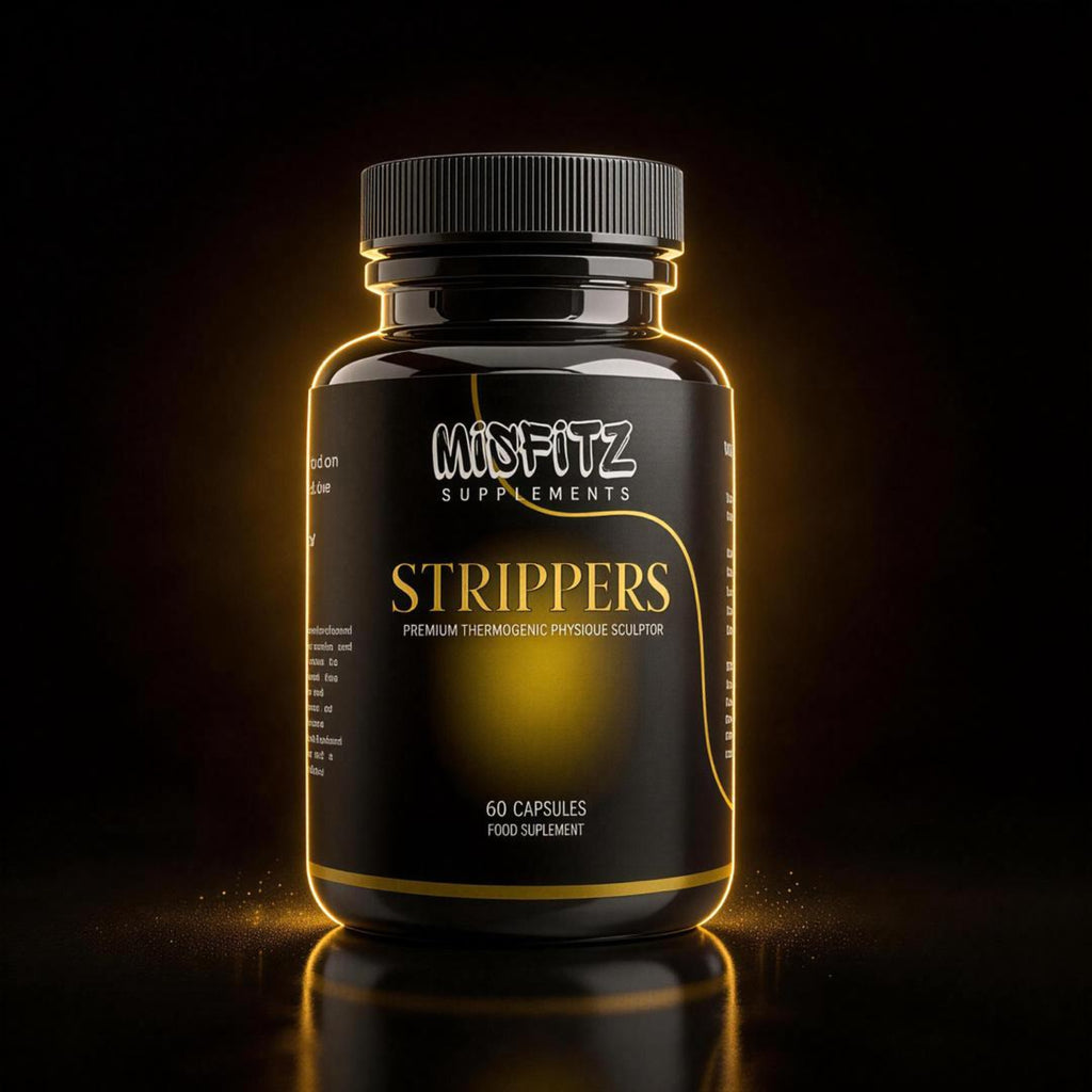 Supplement bottle labeled 'Misfitz Supplements Strippers' on a dark background