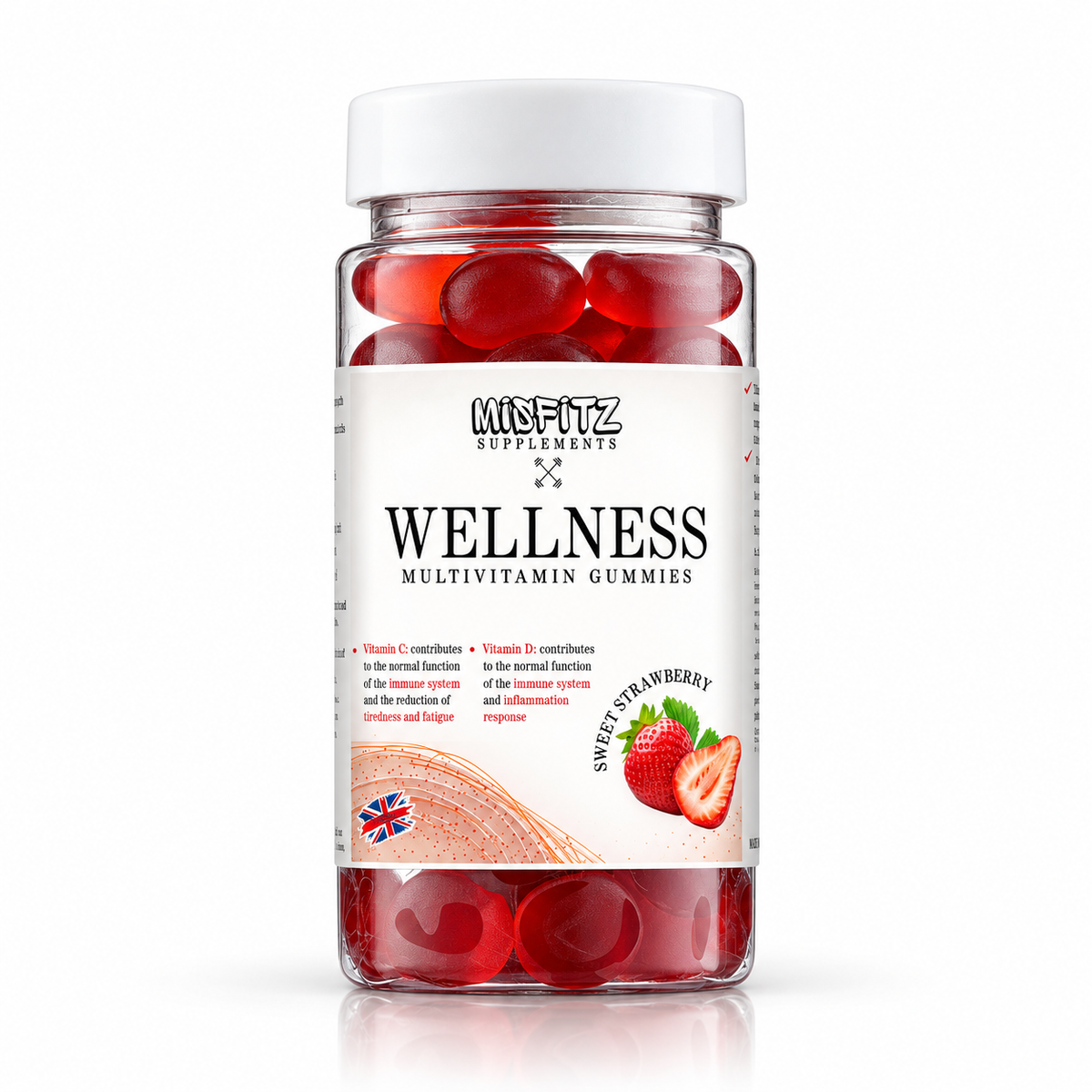 Clear bottle of red Misfitz Wellness multivitamin gummies with a white lid and sweet strawberry label.