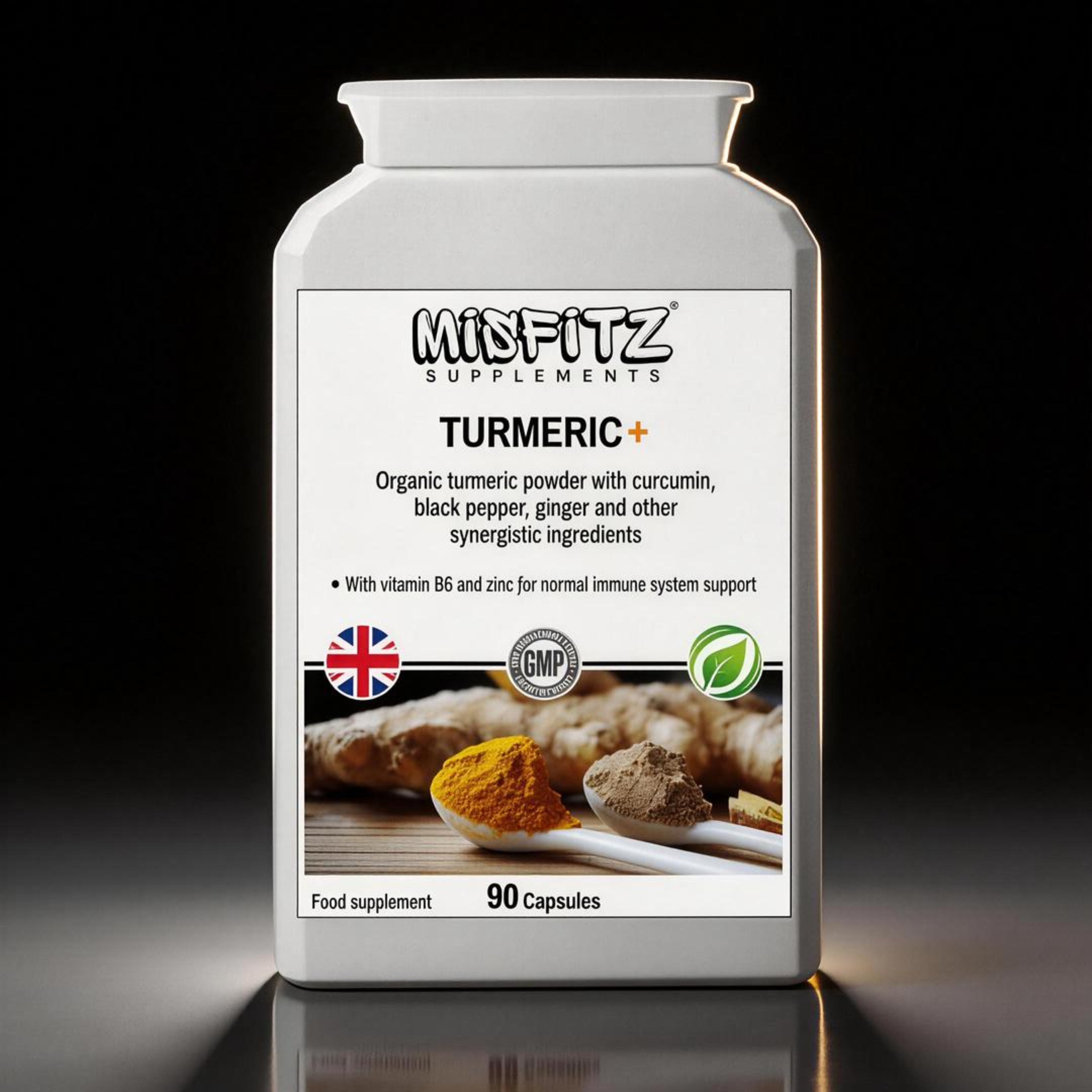 Supplement container labeled 'MIDFITZ Supplements' with turmeric on a dark background