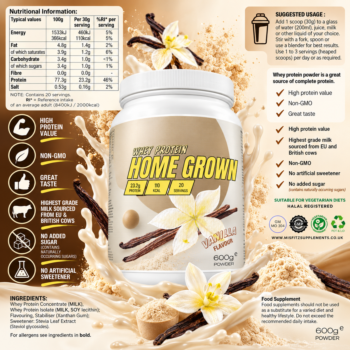 HOME GROWN vanilla whey protein infographic with the 600g tub, nutrition, ingredients and mixing directions.