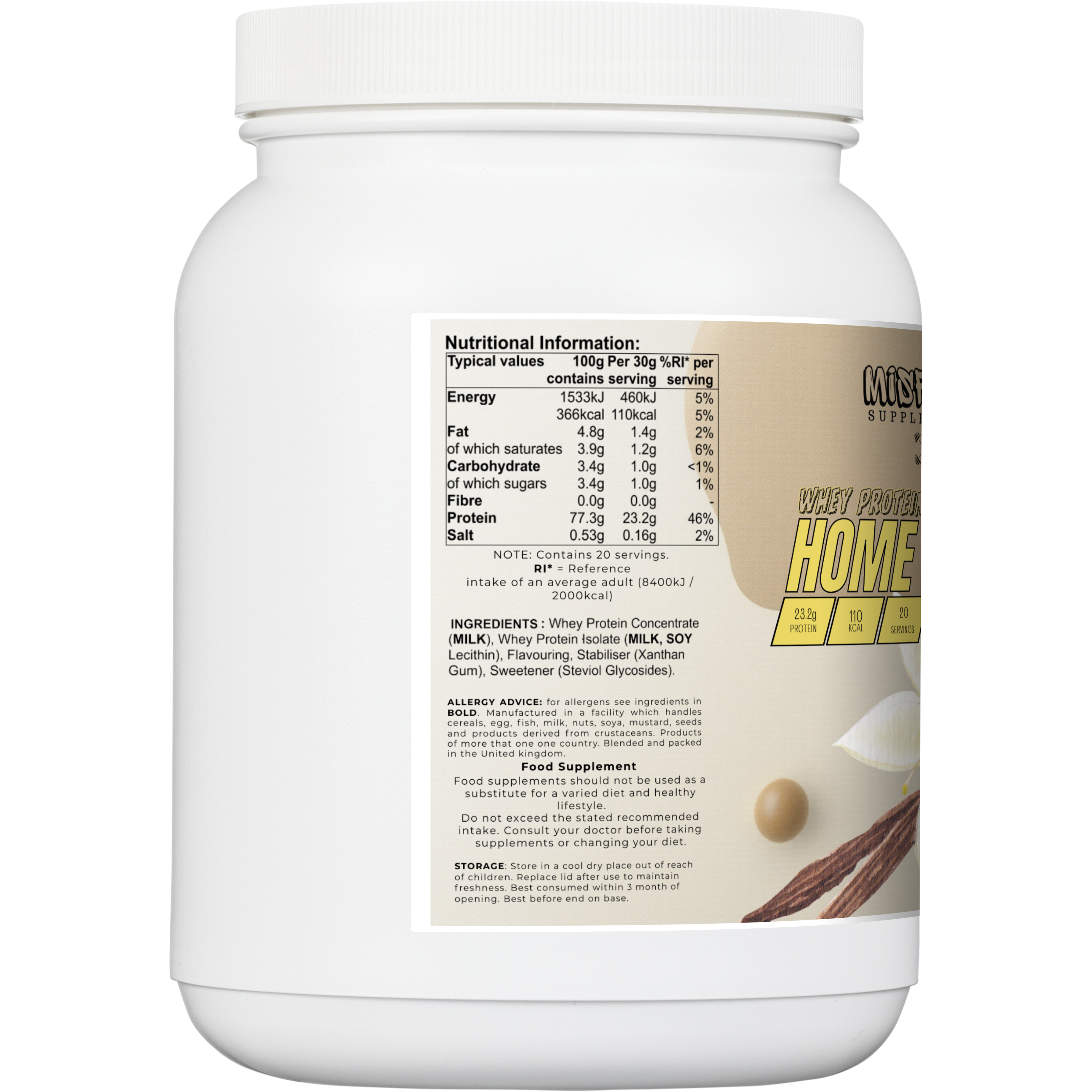 Nutritional information label on a protein powder container