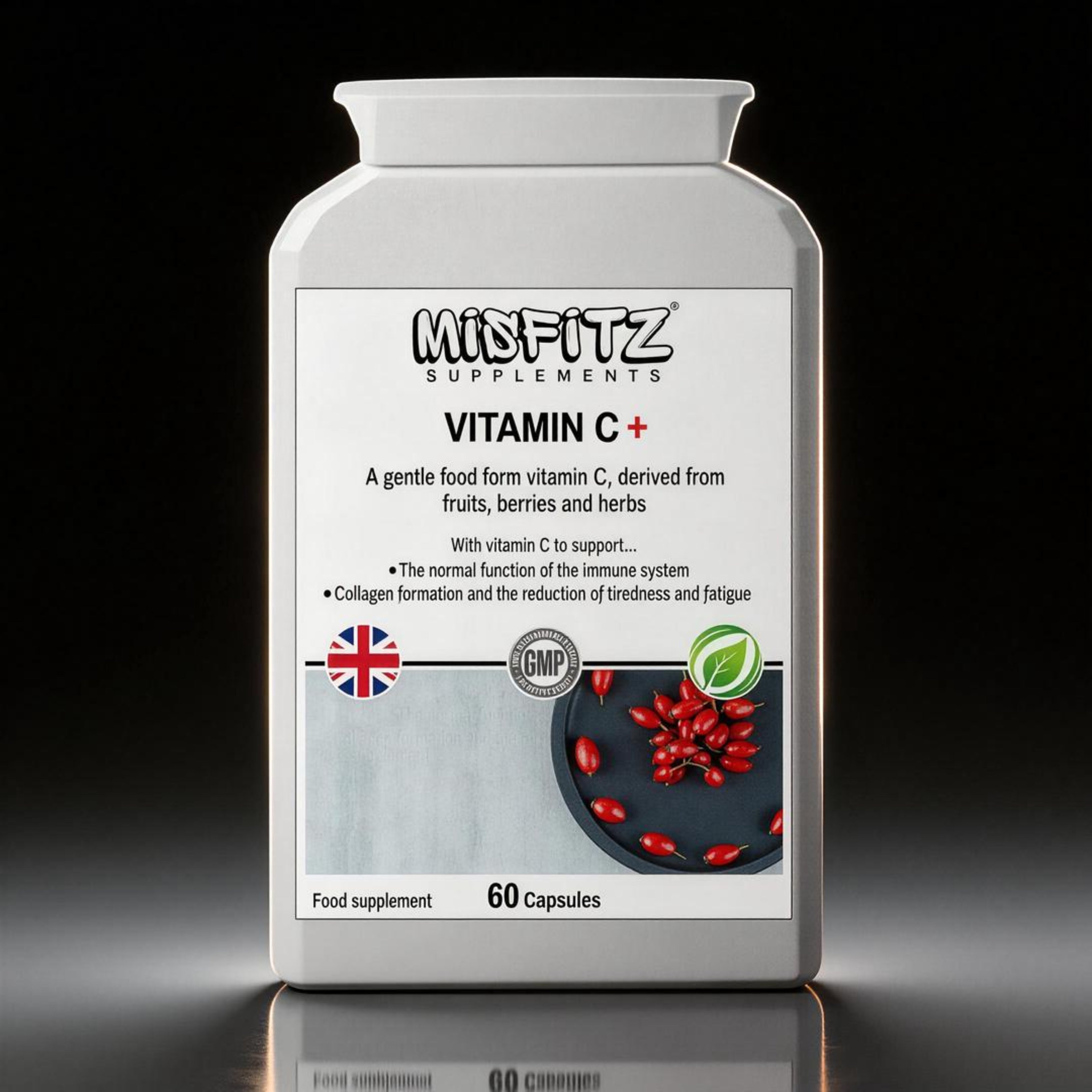Supplement container labeled 'MIDFITZ Supplements' with vitamin C+ on a dark background