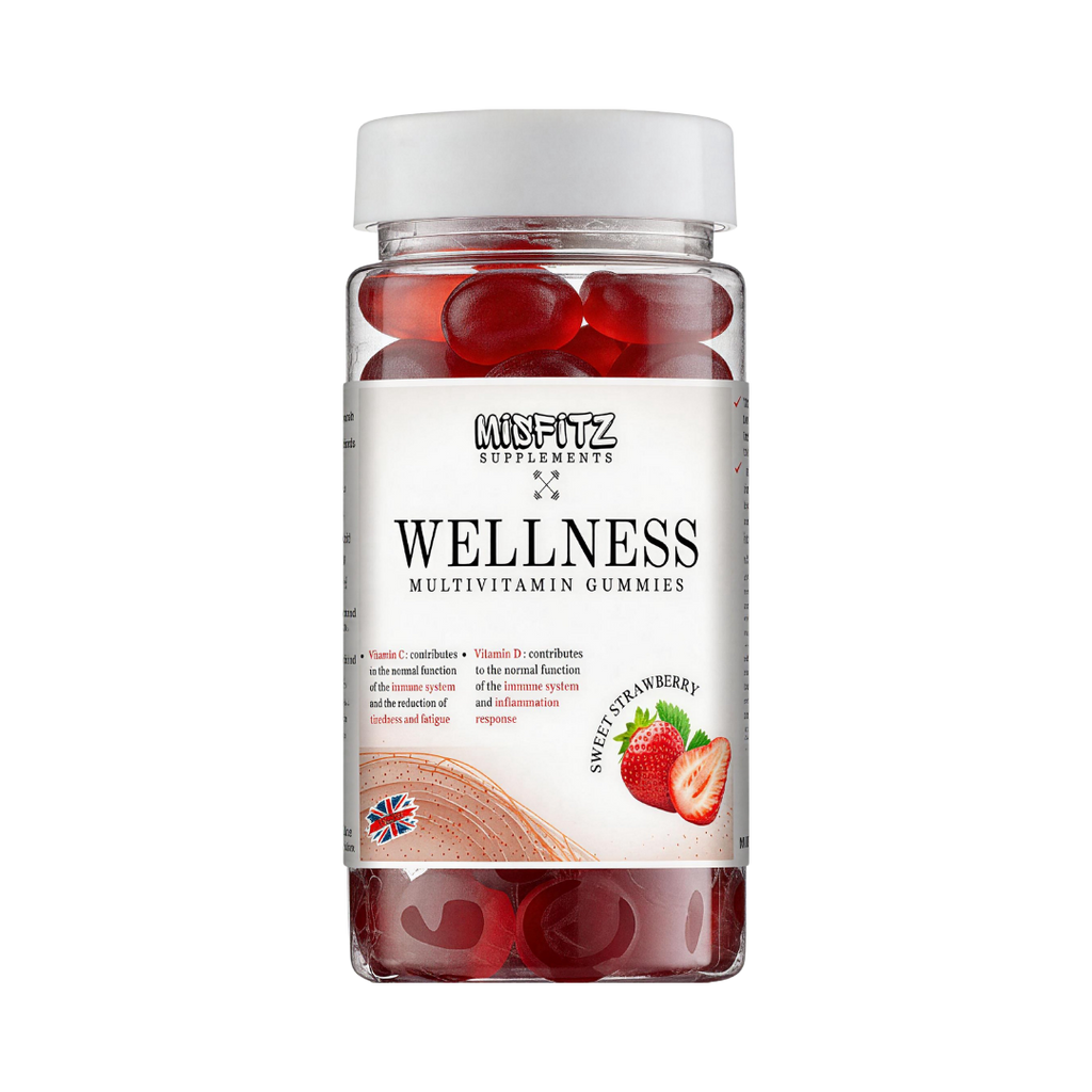 Jar of Wellness Multivitamin Gummies with strawberry flavor on a white background