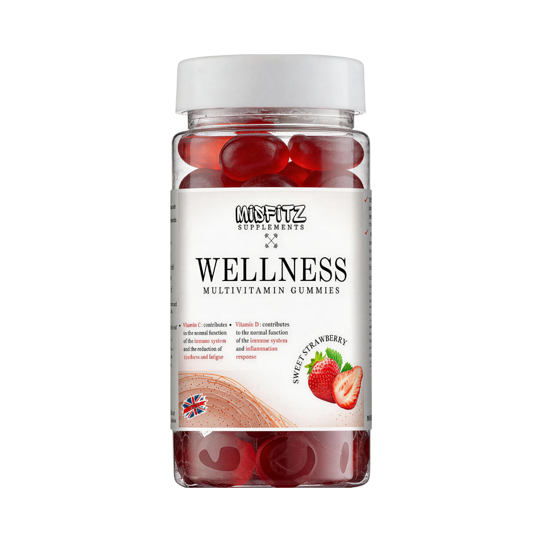 Jar of Wellness Multivitamin Gummies with strawberry flavor on a white background
