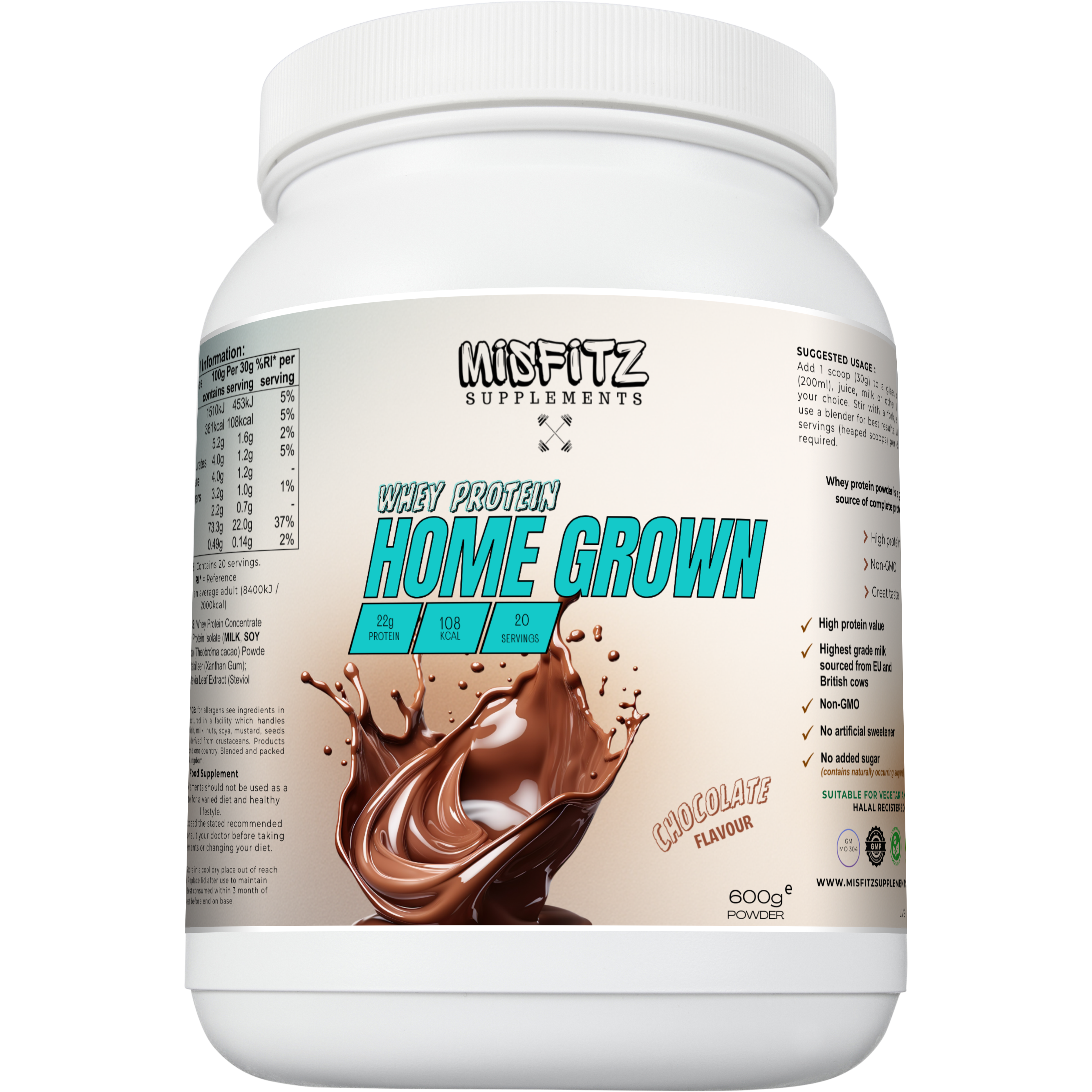 Container of Misfitz Supplements Home Grown Whey Protein in chocolate flavor on a white background