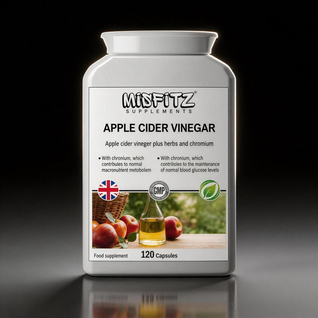 Supplement container labeled 'MisFITZ Supplements' with apple cider vinegar on a dark background