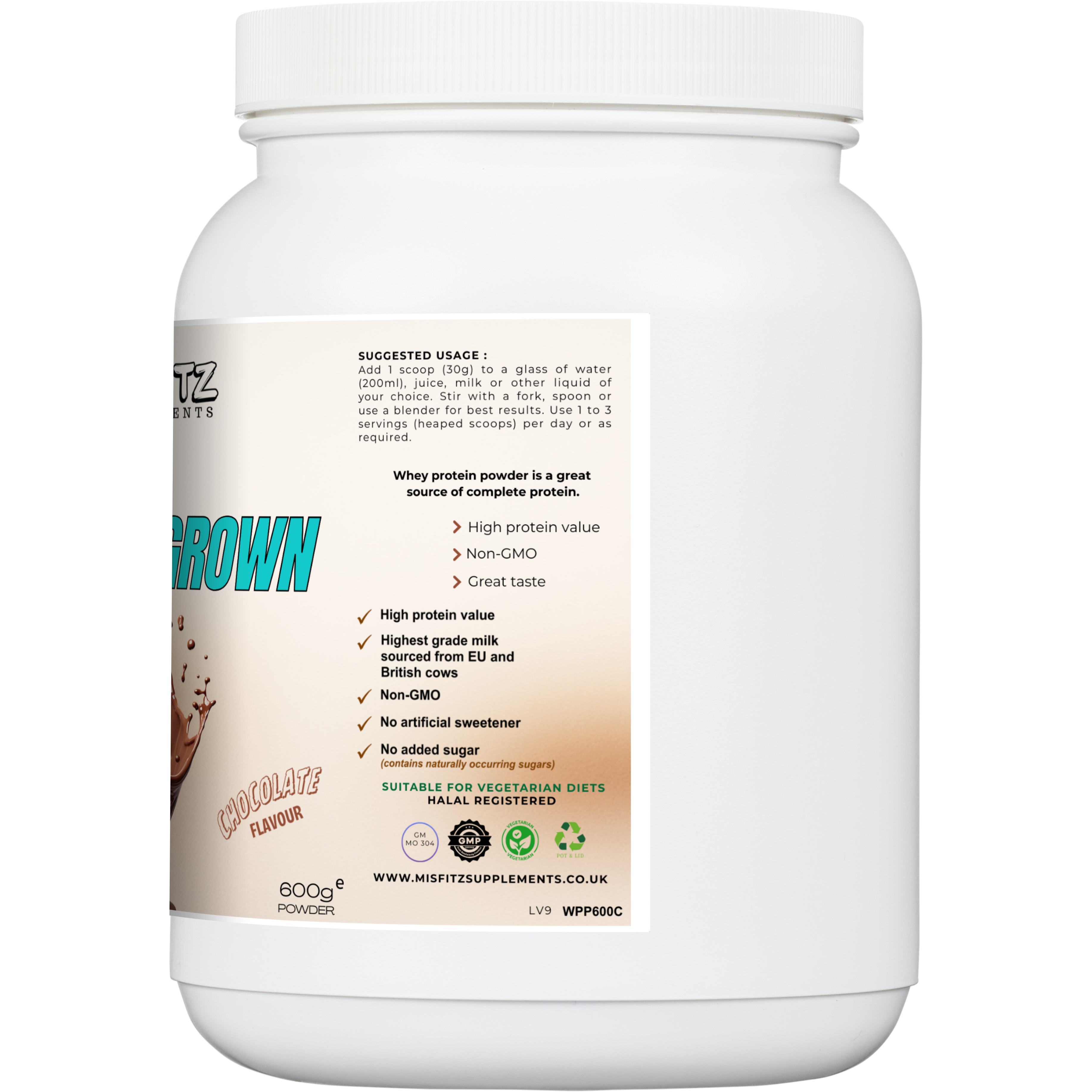 White protein powder container with a label on a white background