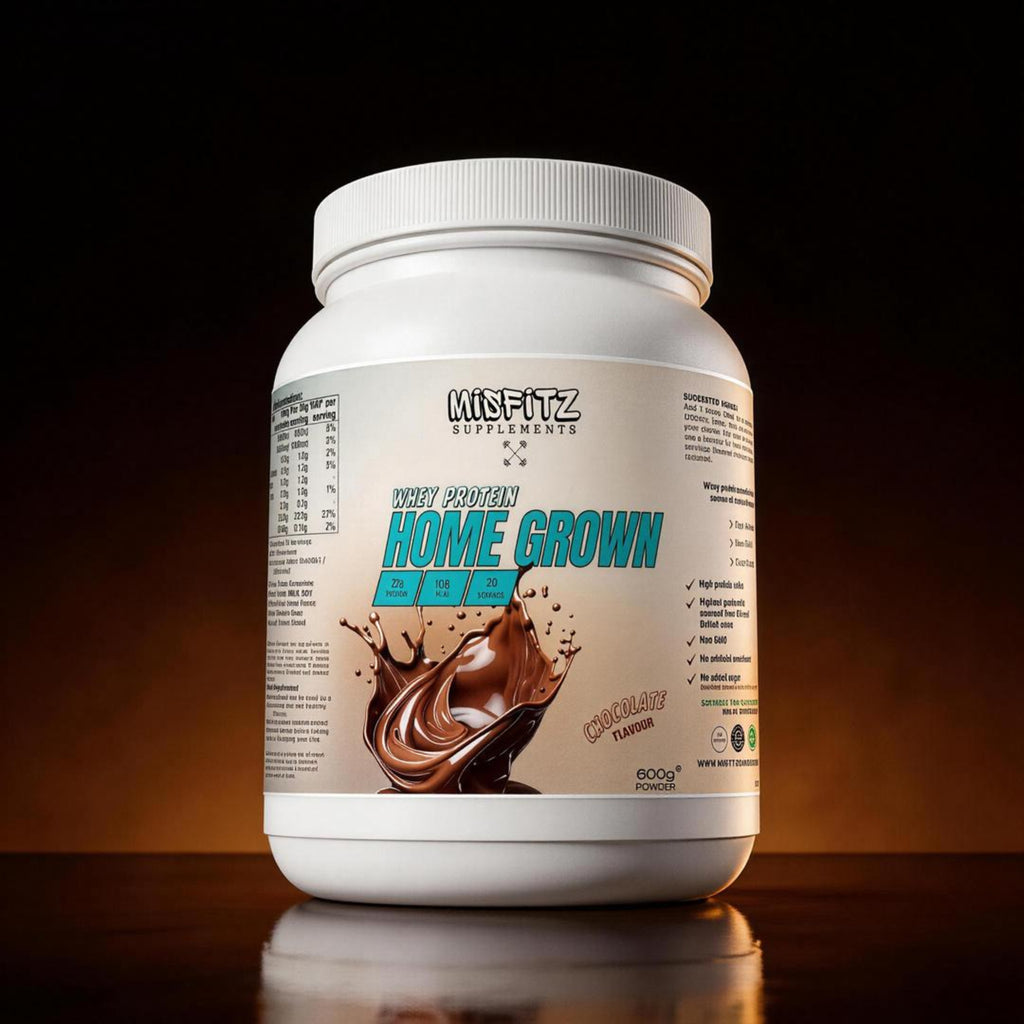 Protein powder container with 'Home Grown' label on a reflective surface