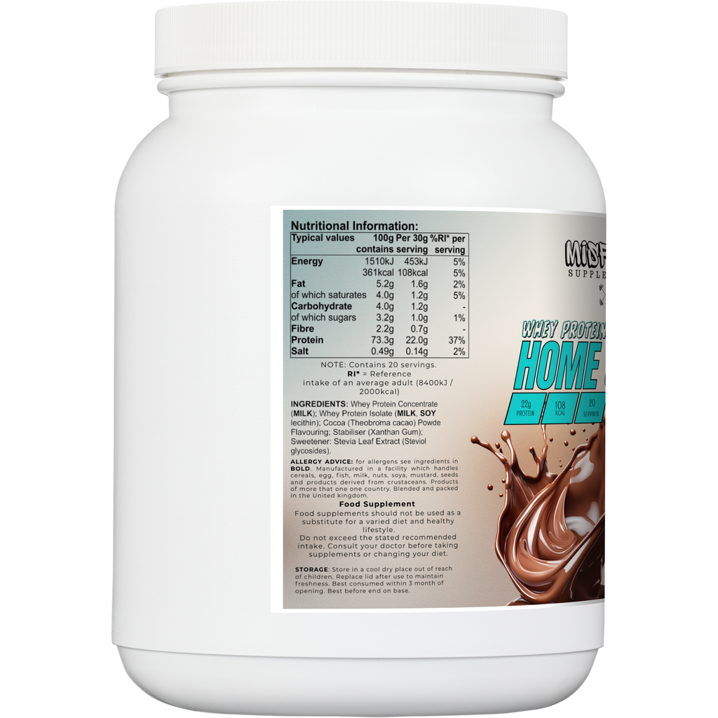 White protein powder container with nutritional information and ingredients list on a white background