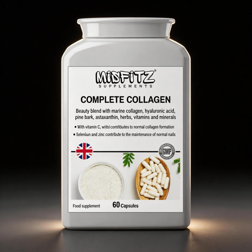 Supplement container labeled 'MISFITZ Supplements Complete Collagen' on a dark background