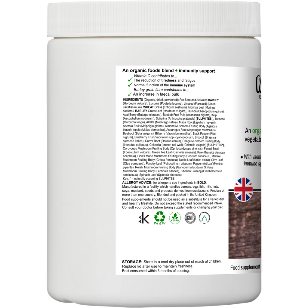 Back view of a food supplement container with text and ingredients listed.