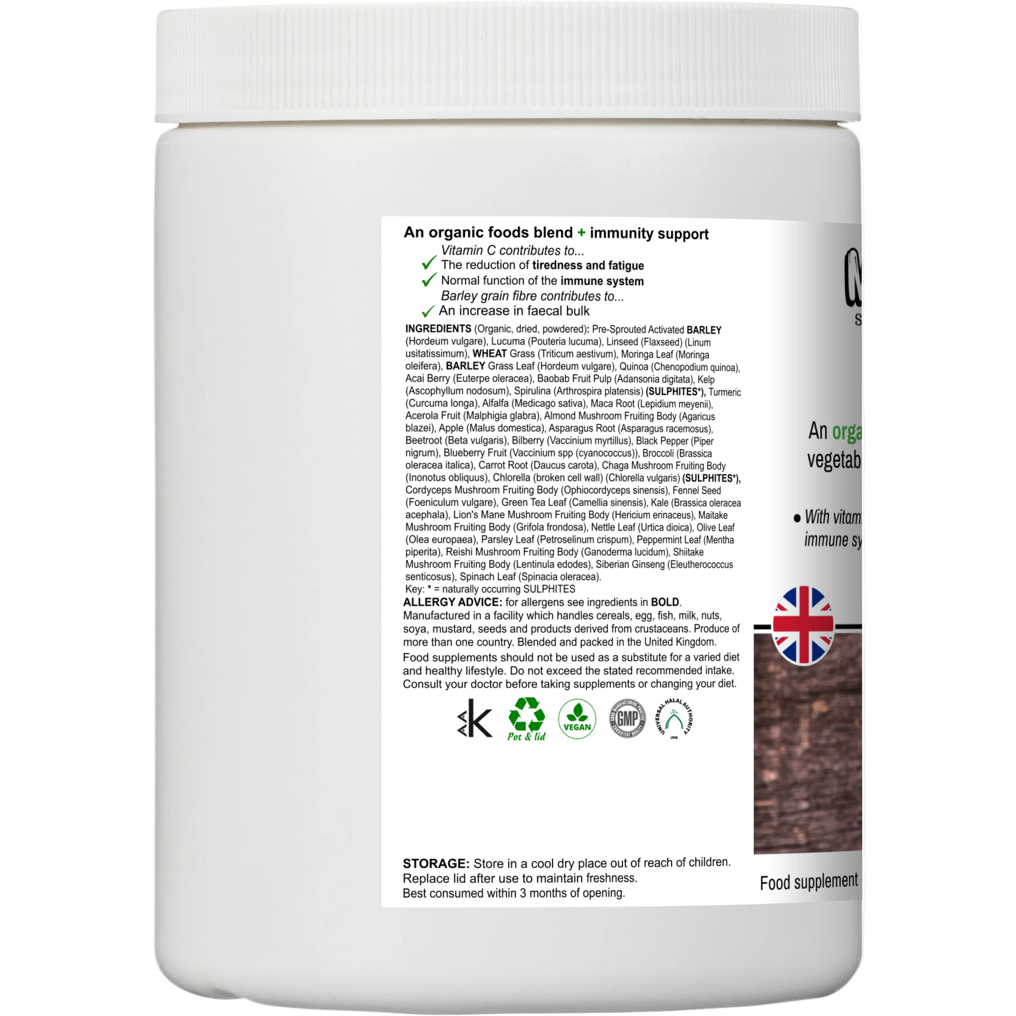 Back view of a food supplement container with text and ingredients listed.